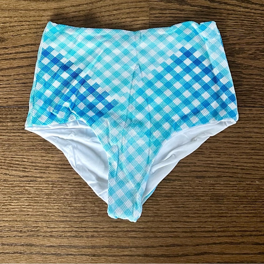 L*Space Blue & White Gingham High-Waisted Portia Bikini Bottom, NWT